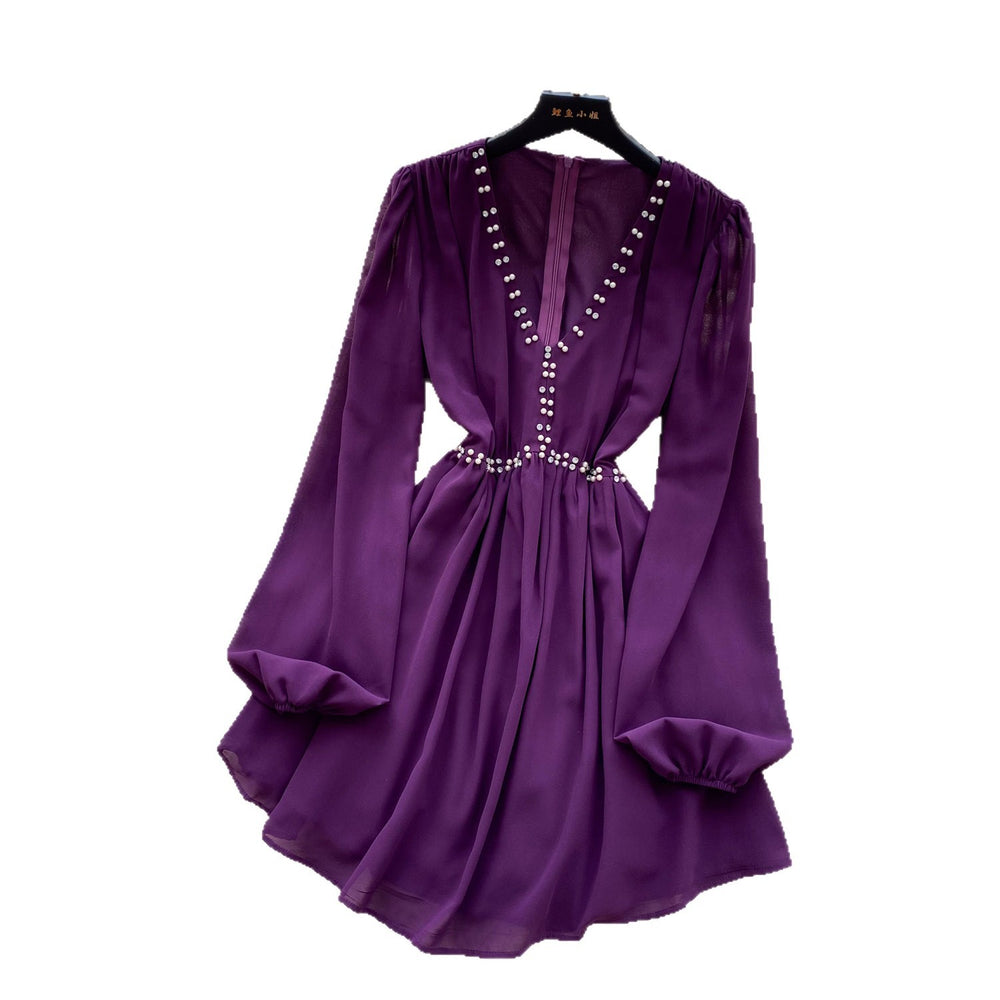 K-style heavy industry beading sexy pure desire dress women's summer purple v neck waist slimming lookelegant long skirt work clothing