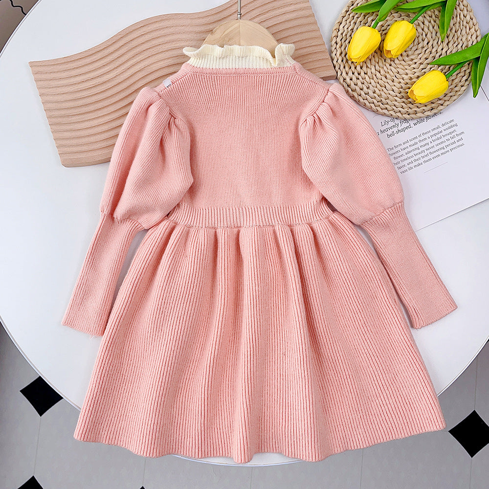 Girls' autumn/winter korean style knit dress with floral lace and cinched waist, cute bow detail, baby dress
