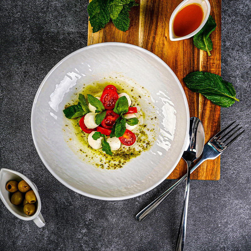 Scandinavian creative embossed ceramic noodle bowl for home restaurant stylish high-looking pure white fruit salad bowl soup bowl