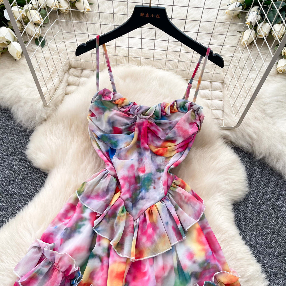 Vacation-inspired tie-dye print cami dress - sexy, high-low, ruffled hem, dopamine dress
