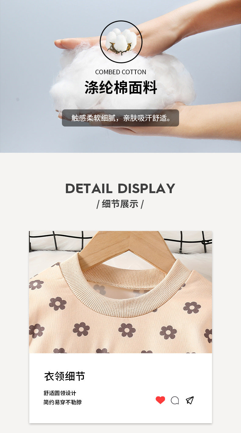 autumn girls' outfit: round neck long sleeve sweatshirt with floral print and lace flutter sleeves, matching flared pants two-piece set