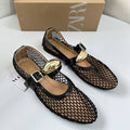 Metal buckle fishnet cut outflatsmary jane flats women's springfrench one-piece ballet mesh sandals for women