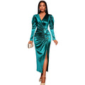 European and american style satin v-neck puff sleeve dress - buttoned, ruched, cinched waist, slit, slim-fit banquet gown dress