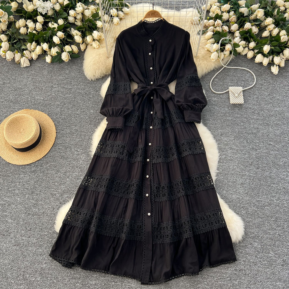 Frenchretrolacepatchwork lantern long sleevesdress women's tie back waist single breasted large swing palace style long skirt