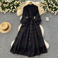 Frenchretrolacepatchwork lantern long sleevesdress women's tie back waist single breasted large swing palace style long skirt