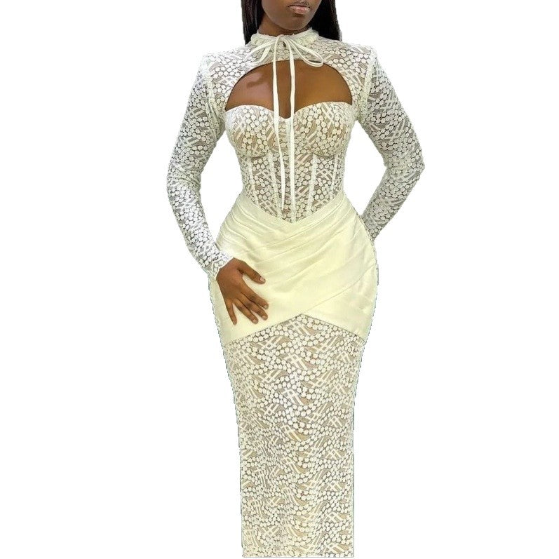 European and American new semi-turtleneck lace-up splicing low-cut sexy hip-wrapped long-sleeved dress evening dress