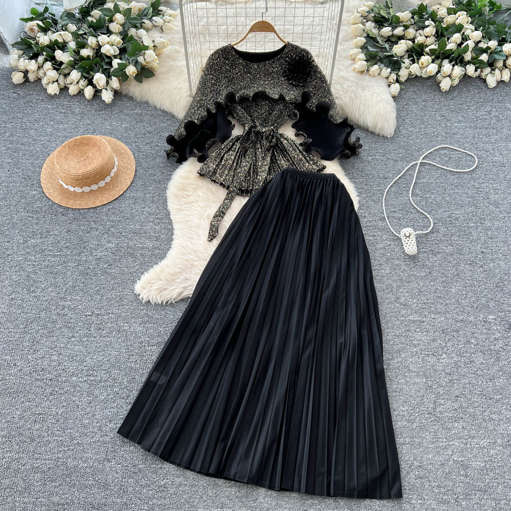 Sense of design stereo flower fungus edge patchworklong sleeves waist tops women's high waist pleated skirt miyake suit