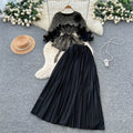 Sense of design stereo flower fungus edge patchworklong sleeves waist tops women's high waist pleated skirt miyake suit