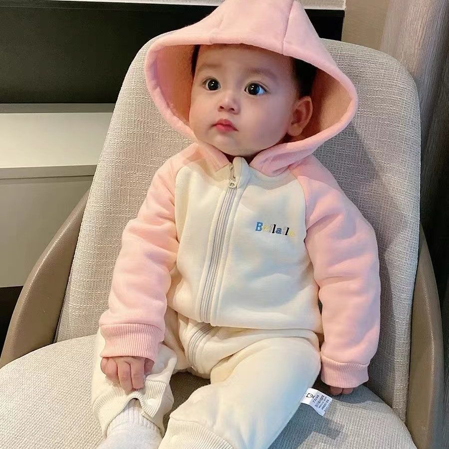 Baby autumn clothes one-piece small maruko raglan sleeves fleece-lined hooded one-piece rompers newborn spring & fall pajamas