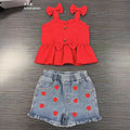 new cross-border girl's cute bow top + cow heart embroidered denim pants two-piece set