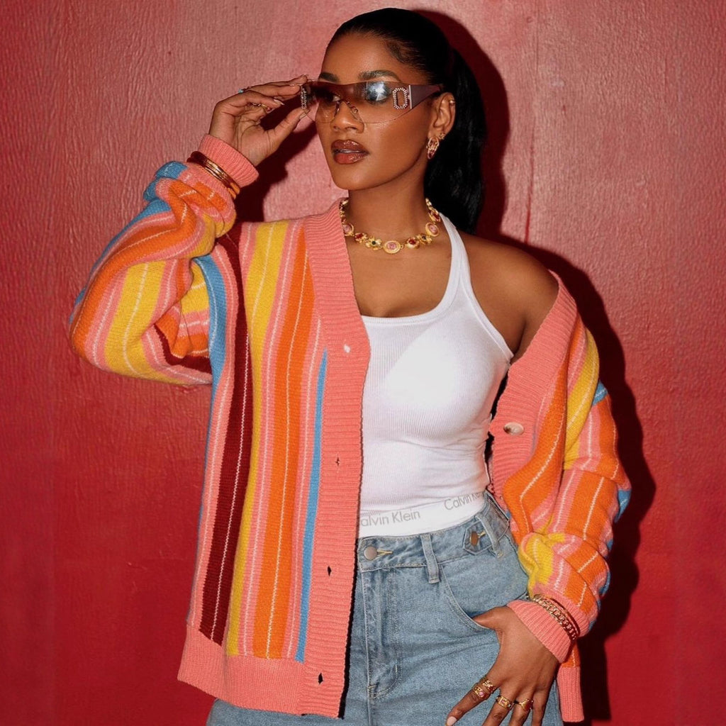 Cross-border European and American style 2025 new women's clothing fashion contrasting color knitted striped long-sleeved personalized loose knitted cardigan