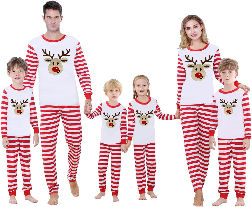 Ready-to-ship  cotton christmas pajamas - european & american style reindeer solid color print long sleeve family matching set