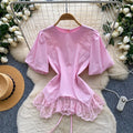 Korean style commute chic lace patchwork short sleeve blouse - women's summer, skin-friendly, breathable, loose fit, high-end, and stylish top