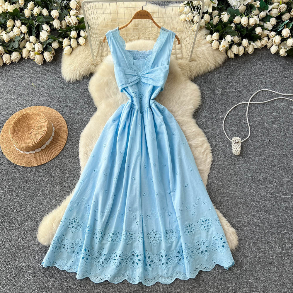 French red cut out sleeveless silmdress women's summer pure desire style high waist slimming lookelegant vacation style a-line skirt