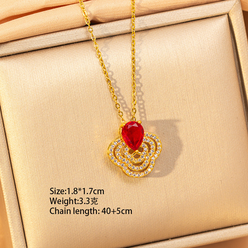 【titanium steel】copper inlaid zircon light luxury new style ruby necklace women's high-end fashion versatile elegant sweater chain jewelry