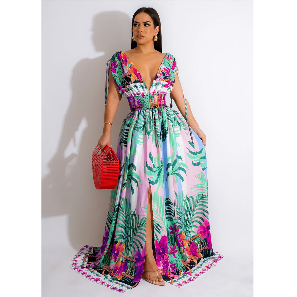 X6268 cross-border   fashion women's floral painted sleeveless v-neck maxi dress