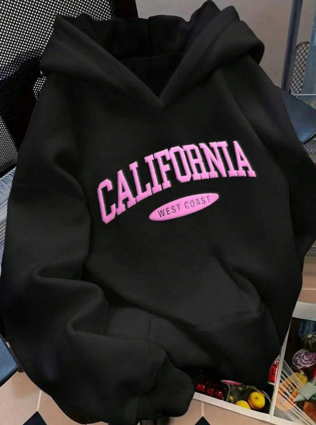 fashion american retro hooded sweatshirt pink foam letters loose shoulder casual pullover