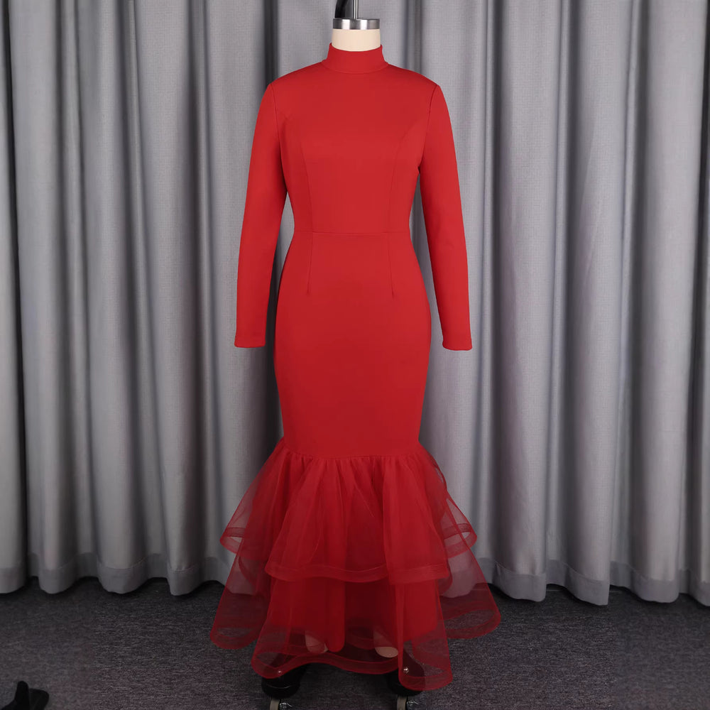 European and american style red mock neck long sleeve dress with mesh panel fishtail hem - slim fit bodycon fishtail dress