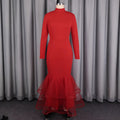 European and american style red mock neck long sleeve dress with mesh panel fishtail hem - slim fit bodycon fishtail dress