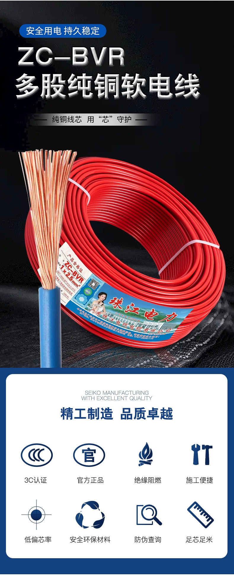 Pearl River Wire and Cable Official Flagship Store BVR 1.5 Square Multi-strand Soft National Standard Pure Copper Home Improvement Household