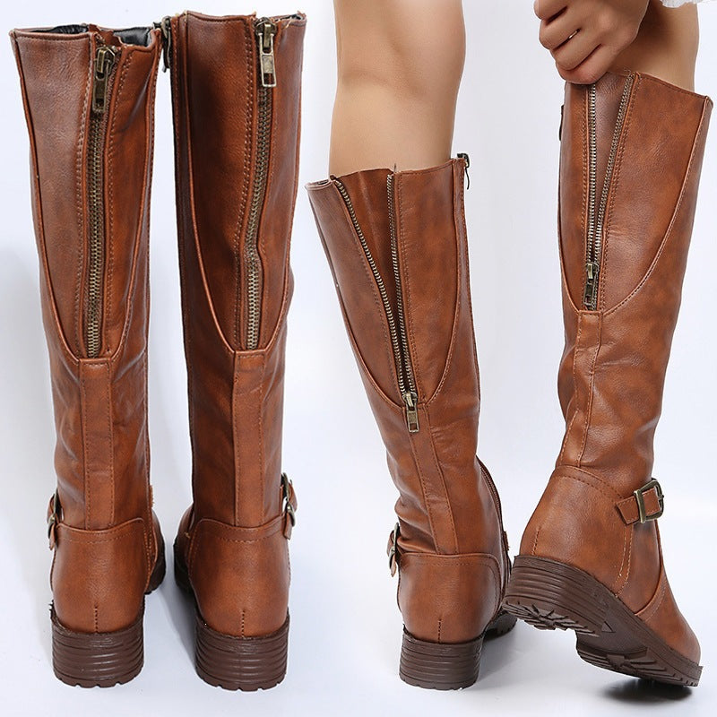 Women's leather boots for export -  spring/autumn new collection: zippered low-heel over-the-knee boots, european & american style, knight boots, high-top women's boots