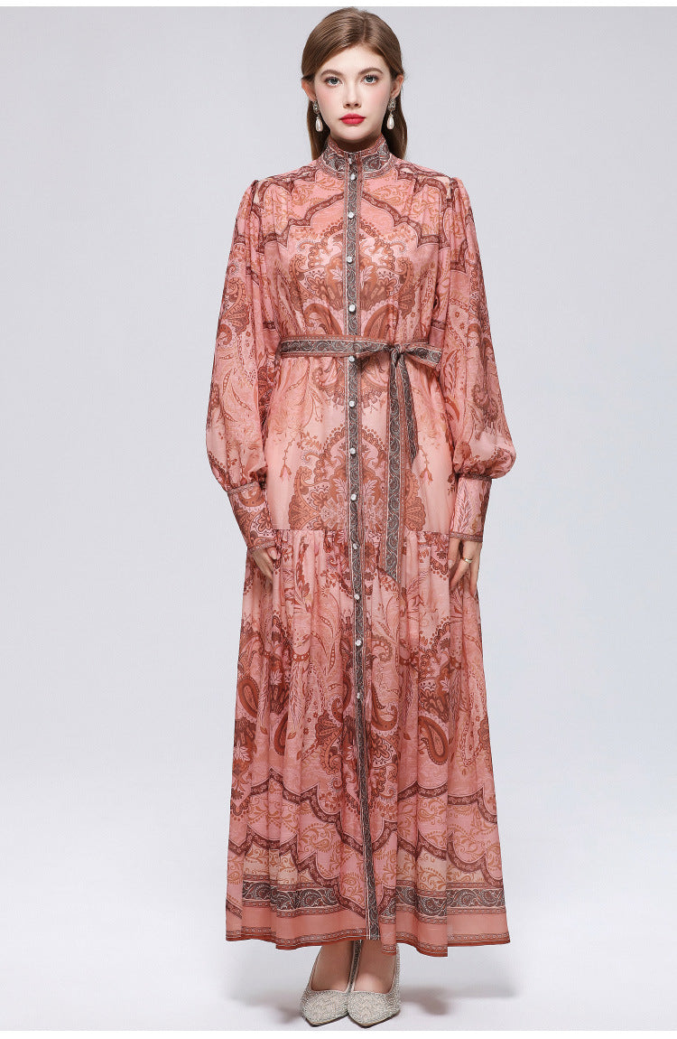French retro print lantern sleeve dress - women's autumn korean style tie-waist slimming a-line maxi dress - commute friendly