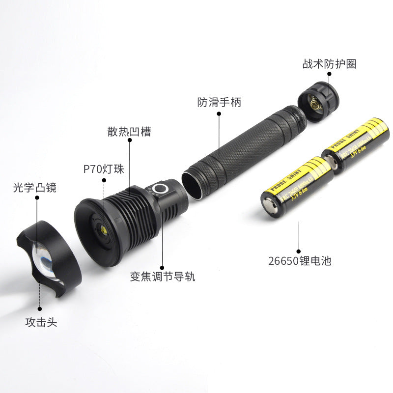 Cross-border new P70 flashlight, outdoor lighting flashlight USB fast charging LED telescopic zoom strong light flashlight