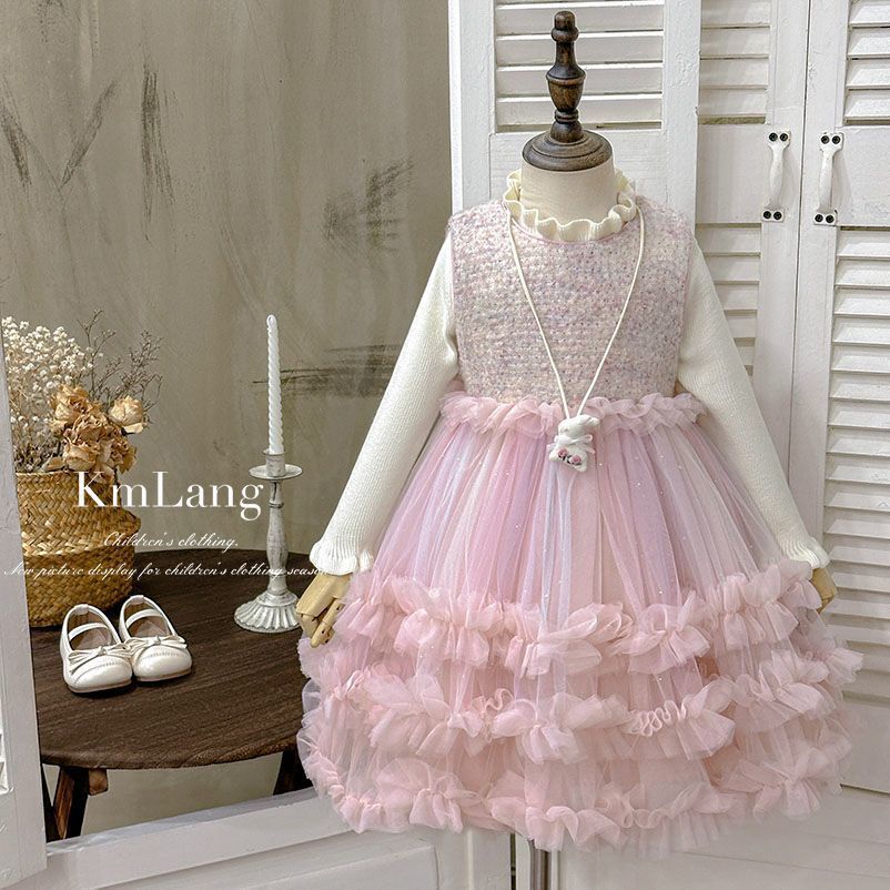 Girls' dress  tulle skirt cake princess dress fleece-lined chic and stylish formal gown