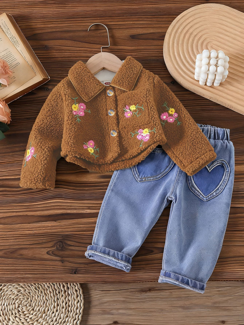 New autumn cross-border baby & toddler fleece-lined embroidered jacket & heavy-duty washed denim pants two-piece set