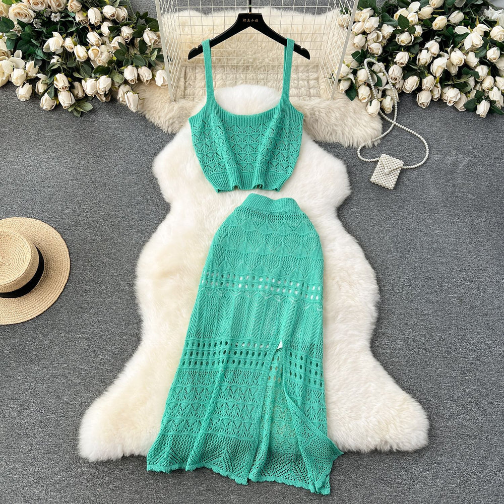 Sweet and spicy style fashioncut out camisole women's shortoutwearknittingtwo-piece sethigh waist slit skirt summer