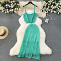 Sweet and spicy style fashioncut out camisole women's shortoutwearknittingtwo-piece sethigh waist slit skirt summer