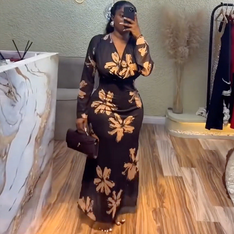European and american cross-border women's fashion:  spring new arrival - chic and elegant scalloped neck slim-fit bodycon printed long sleeve dress