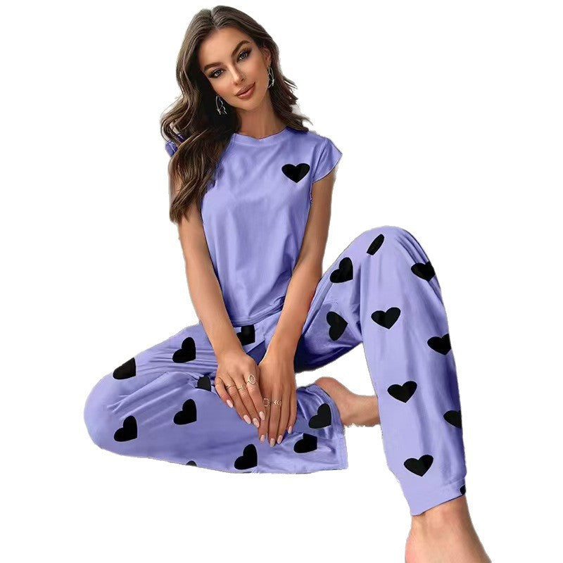 european and american new women's loungewear set: heart print t-shirt and casual comfortable pants pajama two-piece