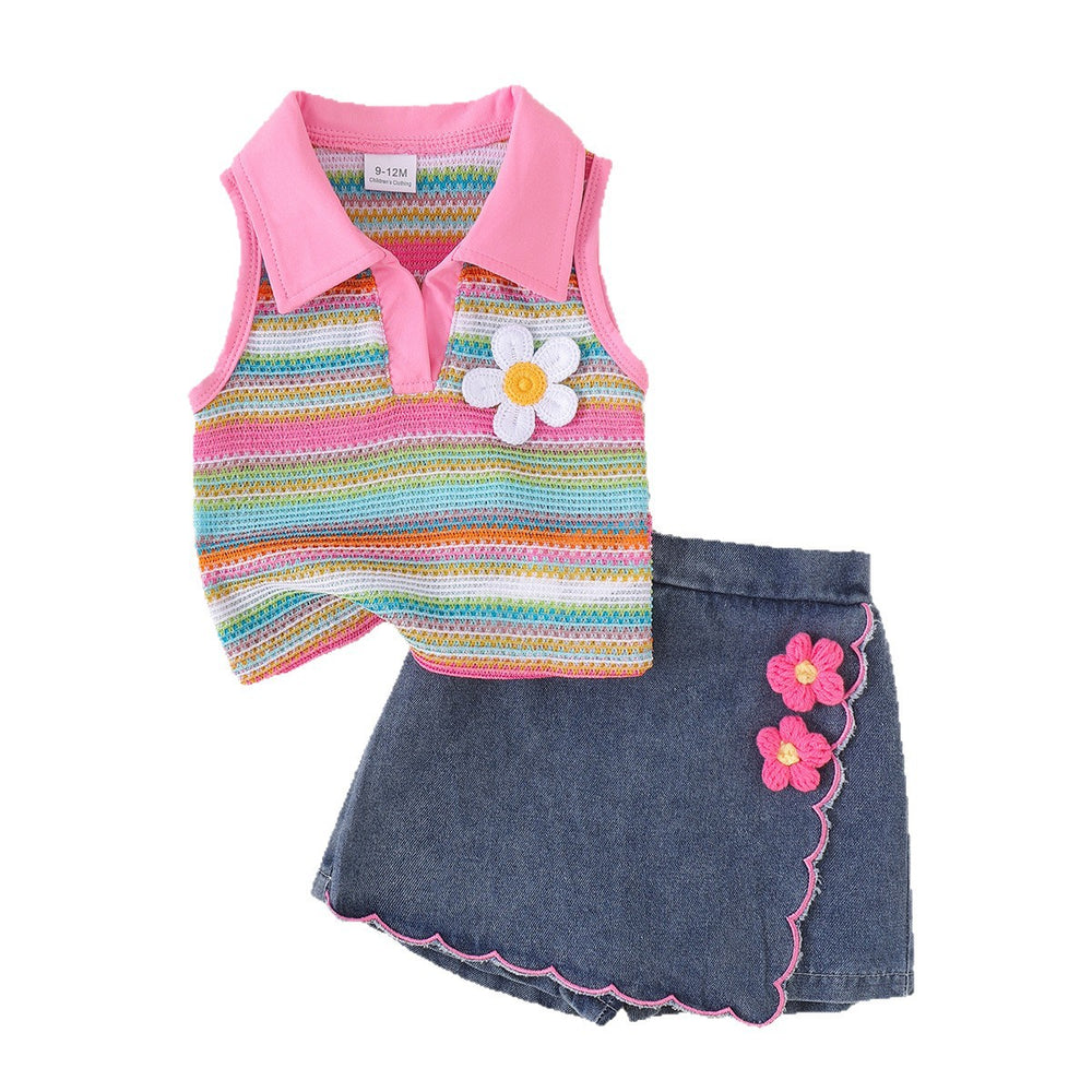 Kids clothing cross-border fashion children's clothing new arrival kids pink collar colorful vest + blue shorts