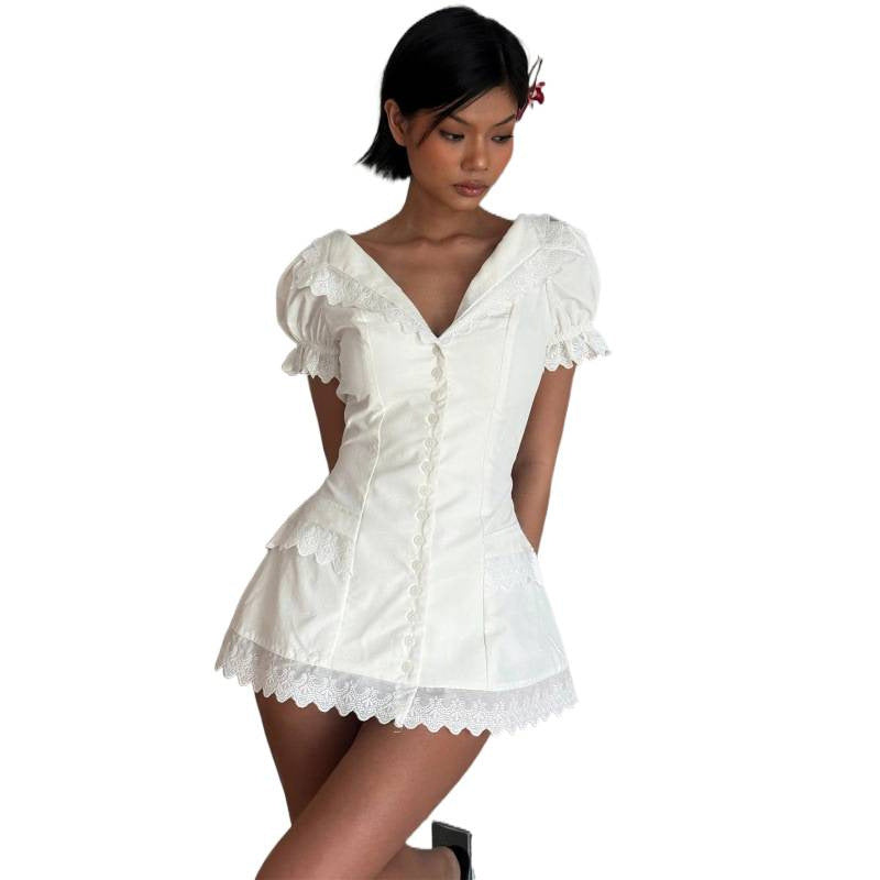 Ins european and american clothing  spring new arrivalfashionclassyelegantslimming lookv neck buttoned puff sleeve dress for women