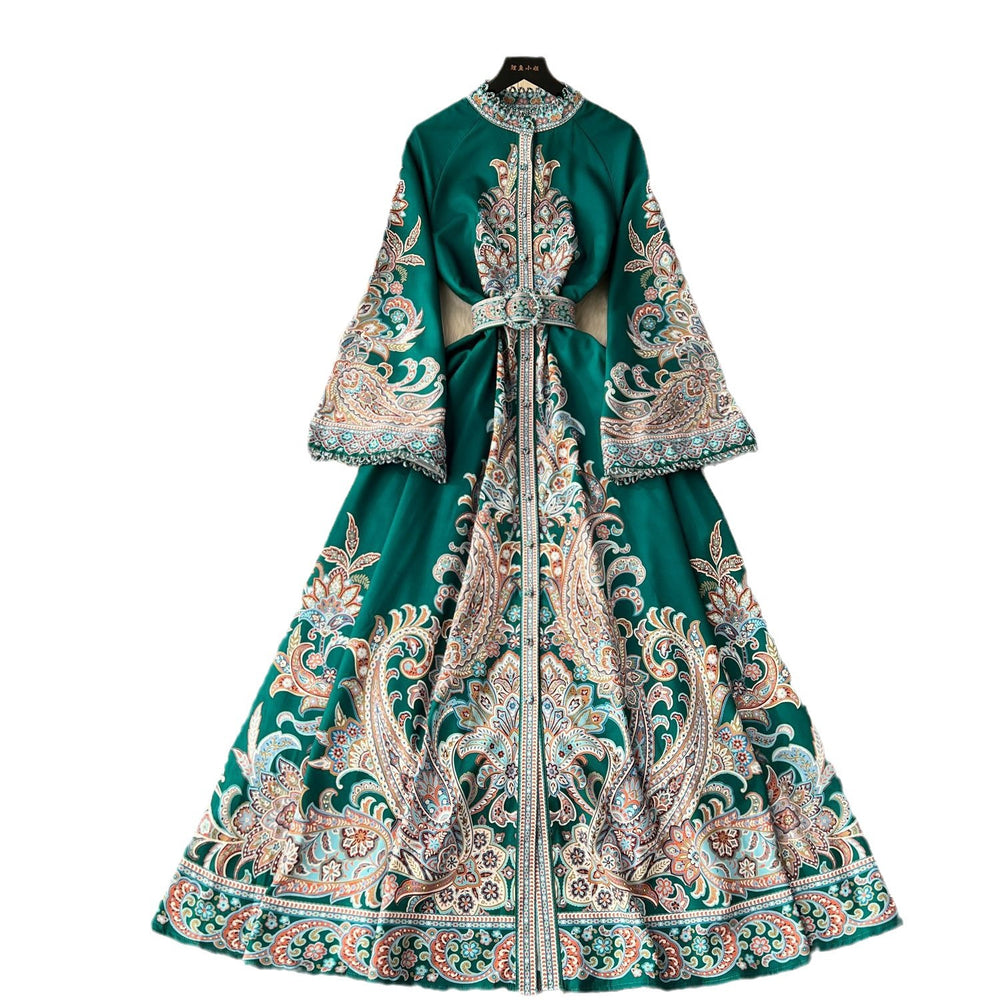Frenchretroclassy dress women's niche styleelegantloose waist bell sleeves waist large hem printing long skirt
