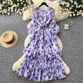French romantic lantern sleeve printed dress - korean style, cinched waist, flowy maxi dress, high-end vacation vibe