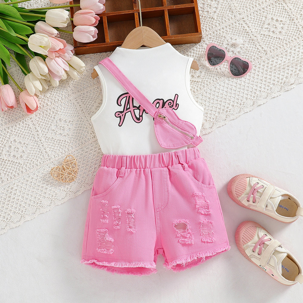 summer new arrival: high-neck ribbed sleeveless top + denim shorts set with exquisite denim heart bag - 3 piece set