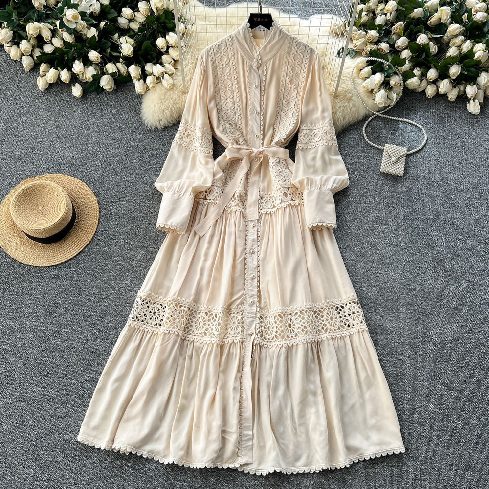 Frenchclassyretrolacepatchwork pearl single breasted slimmingelegant stand collar lantern sleeve large swing dress