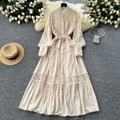 Frenchclassyretrolacepatchwork pearl single breasted slimmingelegant stand collar lantern sleeve large swing dress
