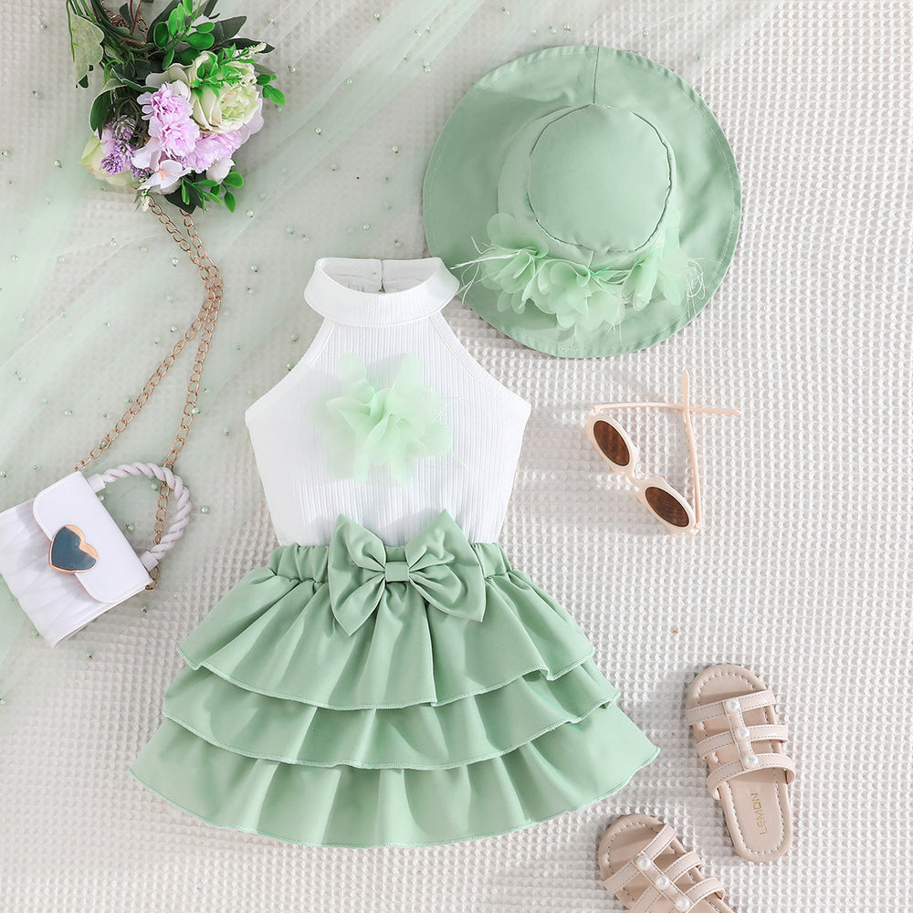 new european and american style girls' sleeveless solid color top with floral cake skirt and hat three-piece set