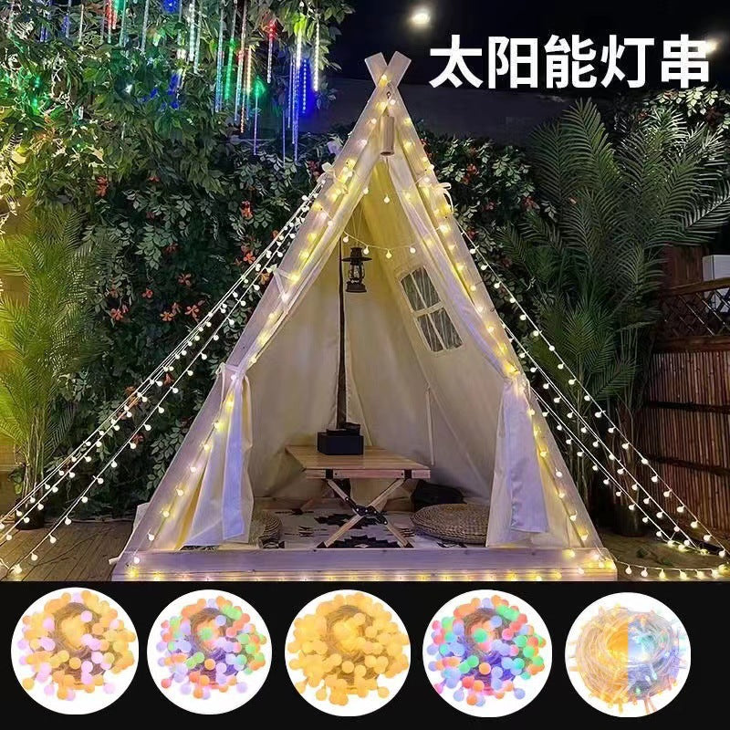 Solar remote control stepless color-changing outdoor waterproof camping canopy atmosphere light string round ball lantern small white ball pendant