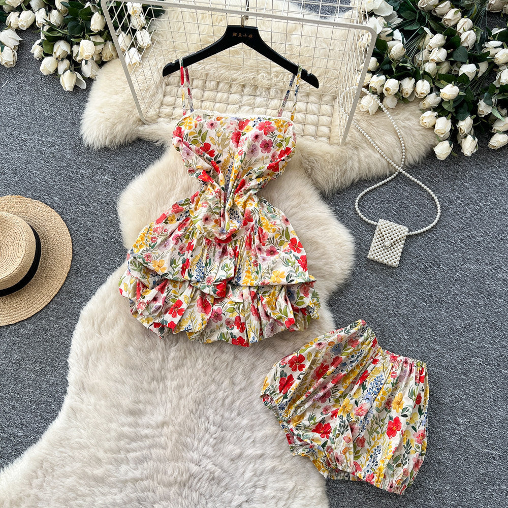 Vacation style floral suspender silm two-piece set for women summerwork clothing style waist-tight bud skirt petitessuit