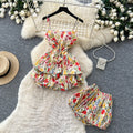 Vacation style floral suspender silm two-piece set for women summerwork clothing style waist-tight bud skirt petitessuit