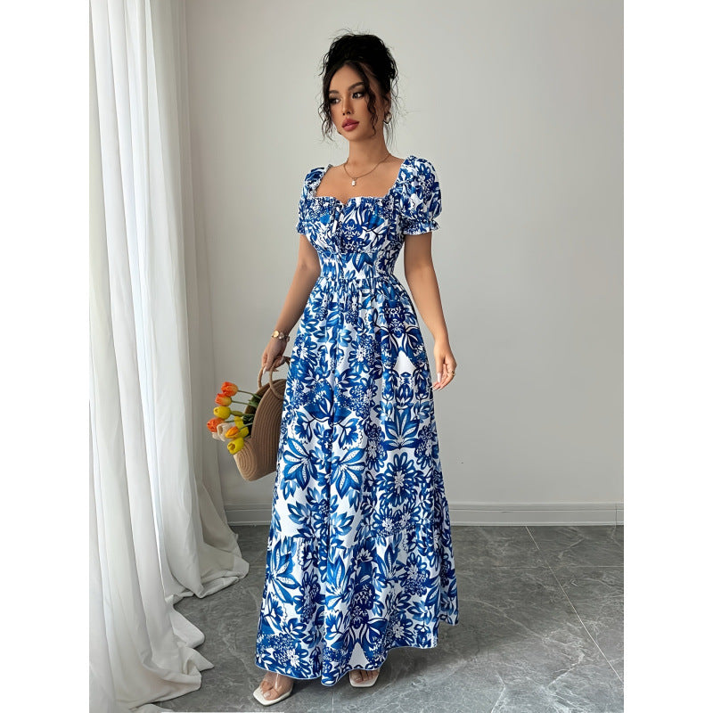 Women's summer printed bubble sleeve tie-front shirred waist maxi dress - perfect for vacation and date night