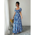 Women's summer printed bubble sleeve tie-front shirred waist maxi dress - perfect for vacation and date night