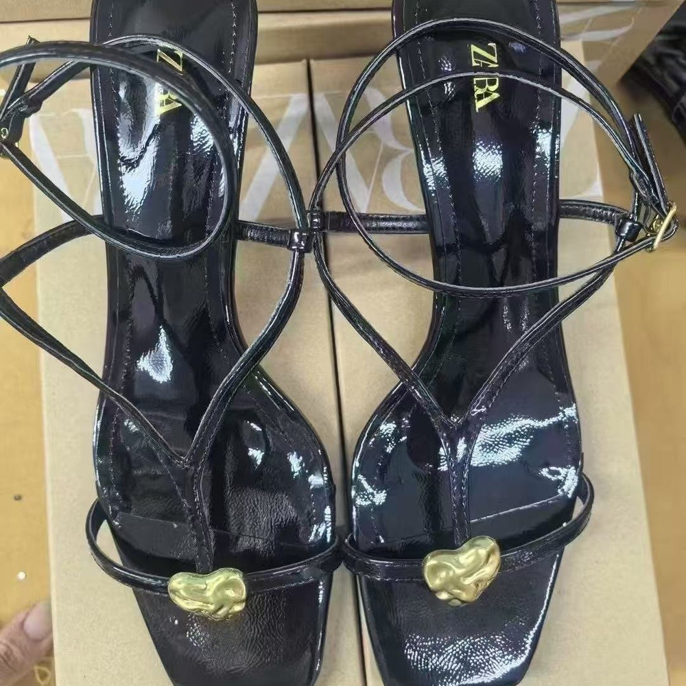 Za summer new arrivals 2025: stiletto heel sandals with metal buckle detail, ankle strap, and back tie closure