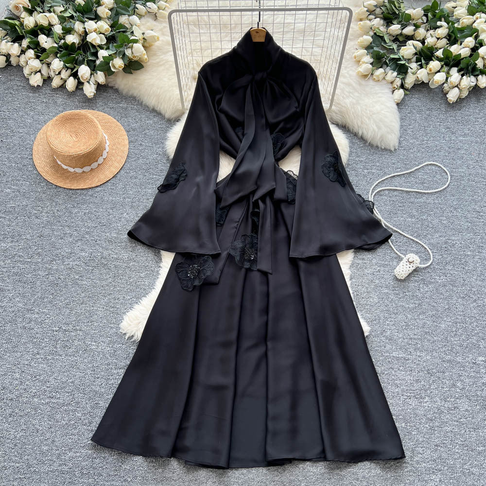 Frenchretrolong sleevesdress women's summerstereoflower tieelegant unique beautiful beautiful long skirt