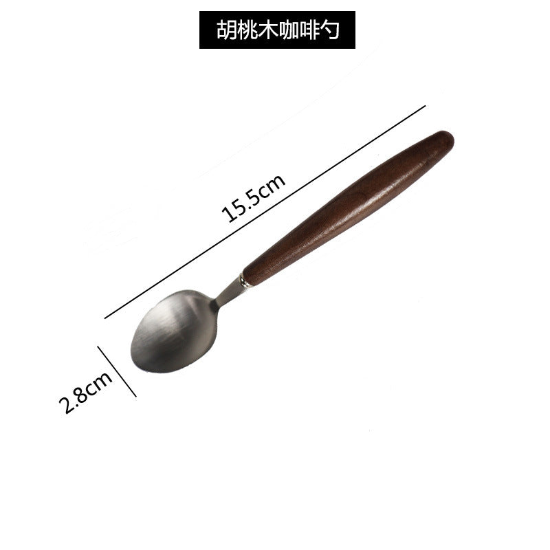 Walnut stainless steel dessert fork coffee spoon set - premium cutlery for home use - cake, fruit, and dessert forks with wooden handles