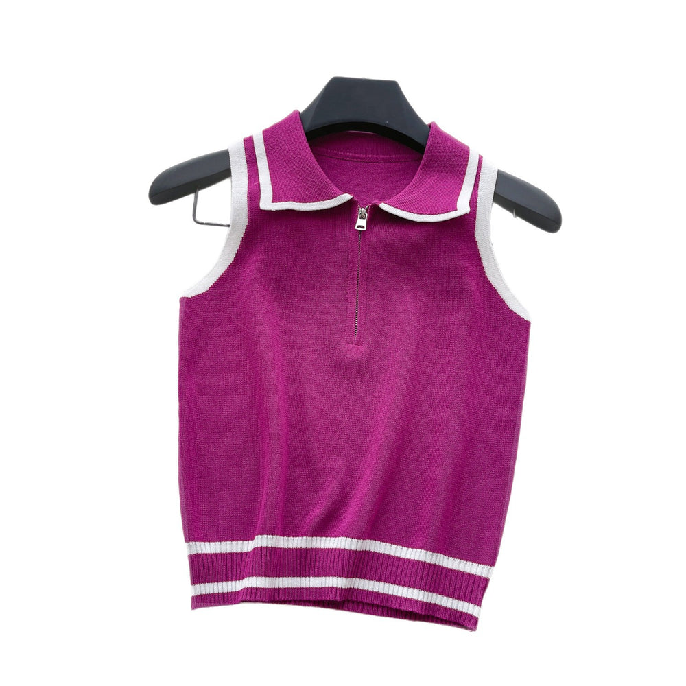 Korean ins summer new arrivalfashioncontrast color lapel knitting shirt vest women's silmslimming lookeasiest for match sleeveless tops